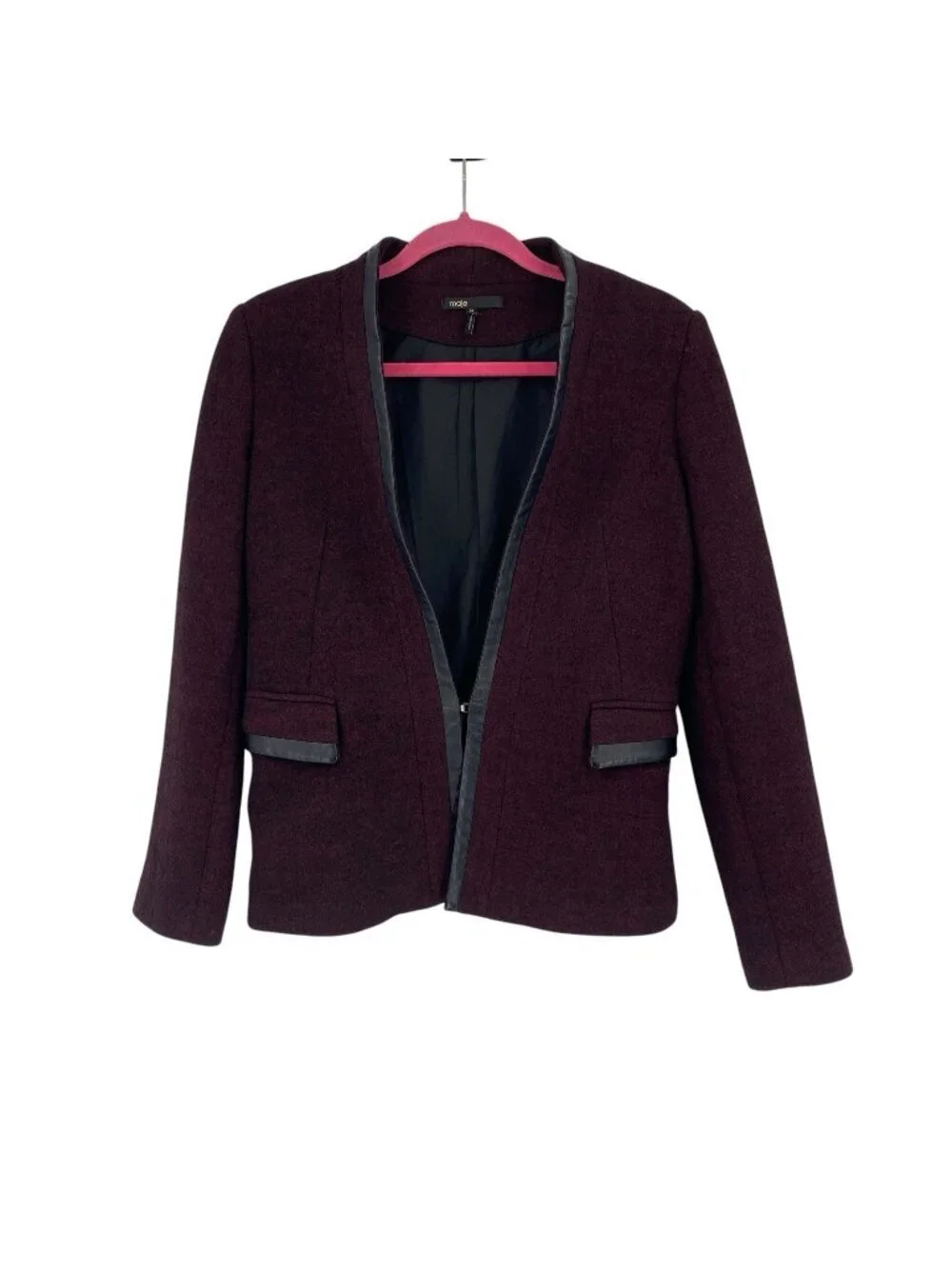 Maje Size 38 Medium Burgundy Wool Blazer W/ Leather Trim Jacket Fitted
